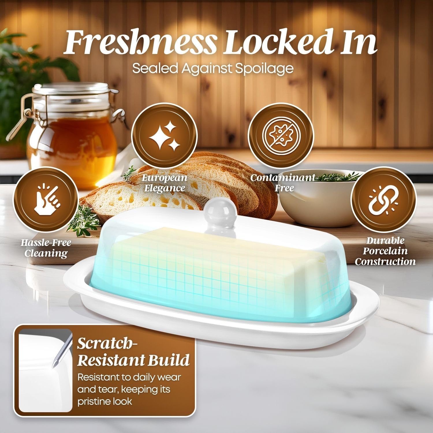Flexzion Ceramic White European Butter Dish with Lid for Countertop (7 Inch) - 1 Stick Butter Holder for Counter, Cream Cheese Container Storage Keeper