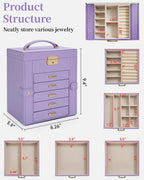TORIBIO Large Jewelry Box for Women, Leather Jewelry Organizer with Mirror & Lock, 6-Tier Jewelry Storage Case for Girls/Women/Mothers, Necklace Earring Bracelets Holder Organizer