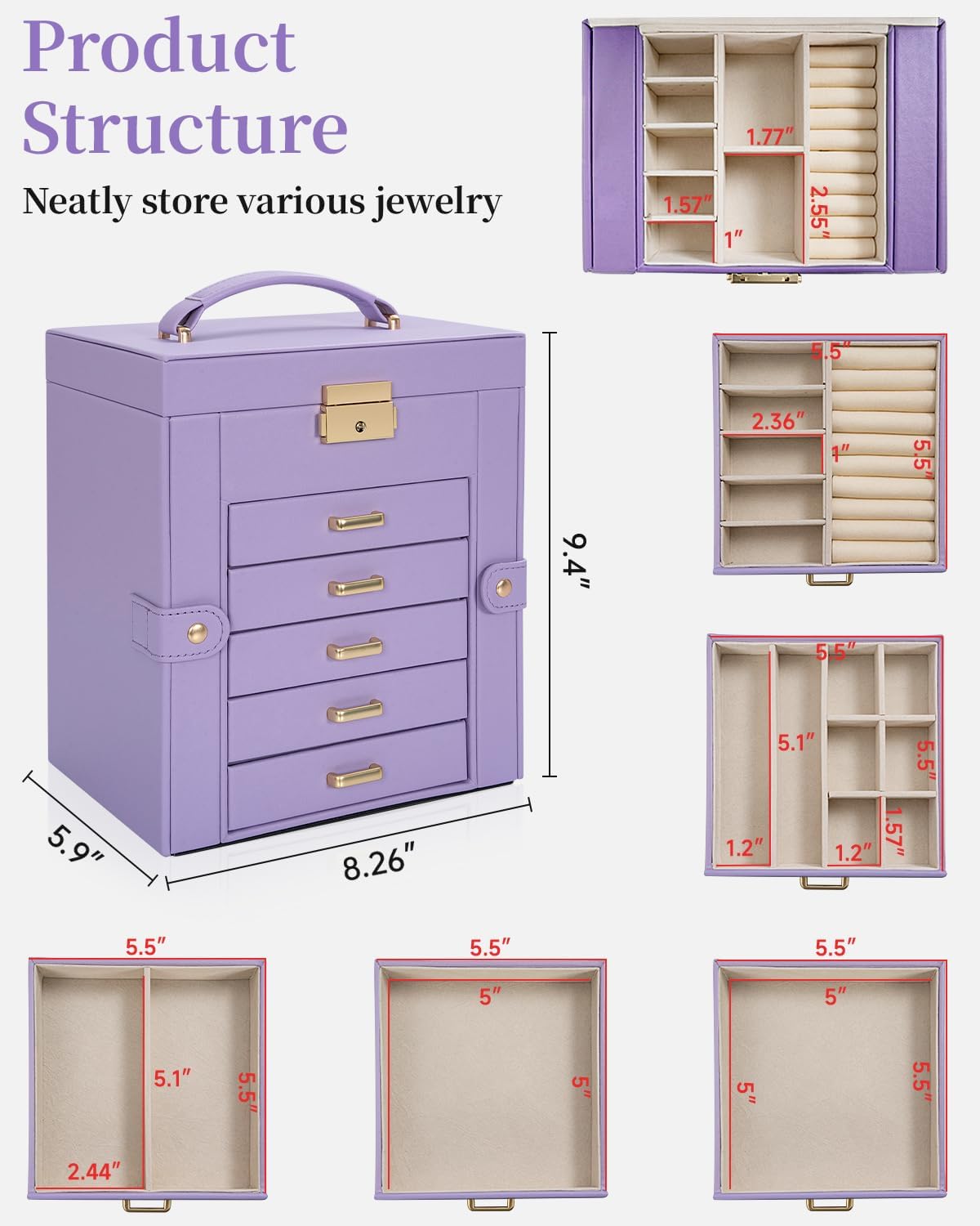 TORIBIO Large Jewelry Box for Women, Leather Jewelry Organizer with Mirror & Lock, 6-Tier Jewelry Storage Case for Girls/Women/Mothers, Necklace Earring Bracelets Holder Organizer