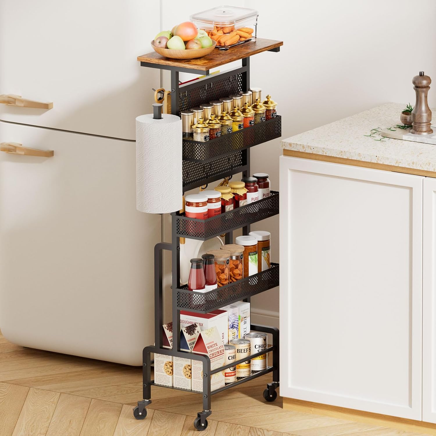 Slim Storage Cart, Narrow Rolling Cart with Wooden Top, Kitchen Cart on Wheels with Paper Towel Holder, Small Skinny Utility Cart for Laundry Room Bathroom, Thin Standing Spice Rack Snack Cart