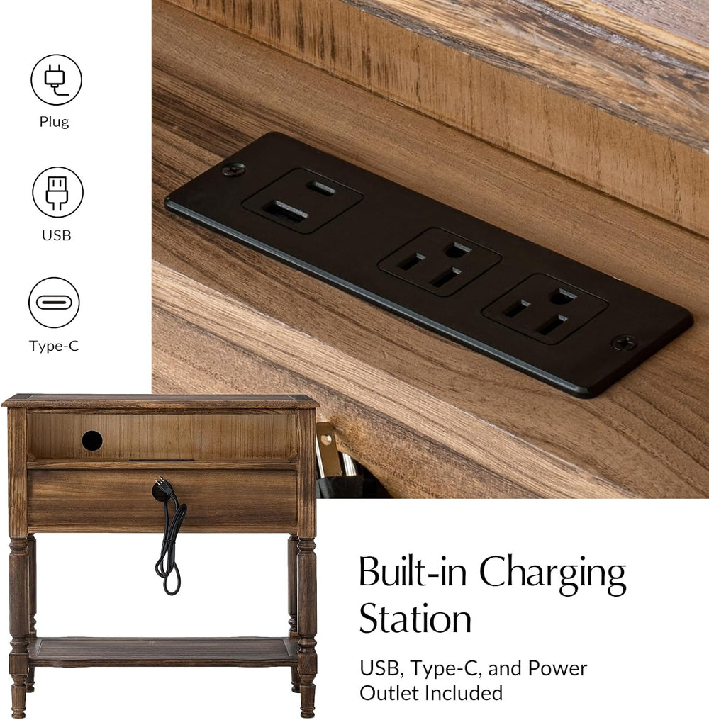 HULALA HOME End Table with Charging Station, Solid Wood Side Table with 2 Dra...