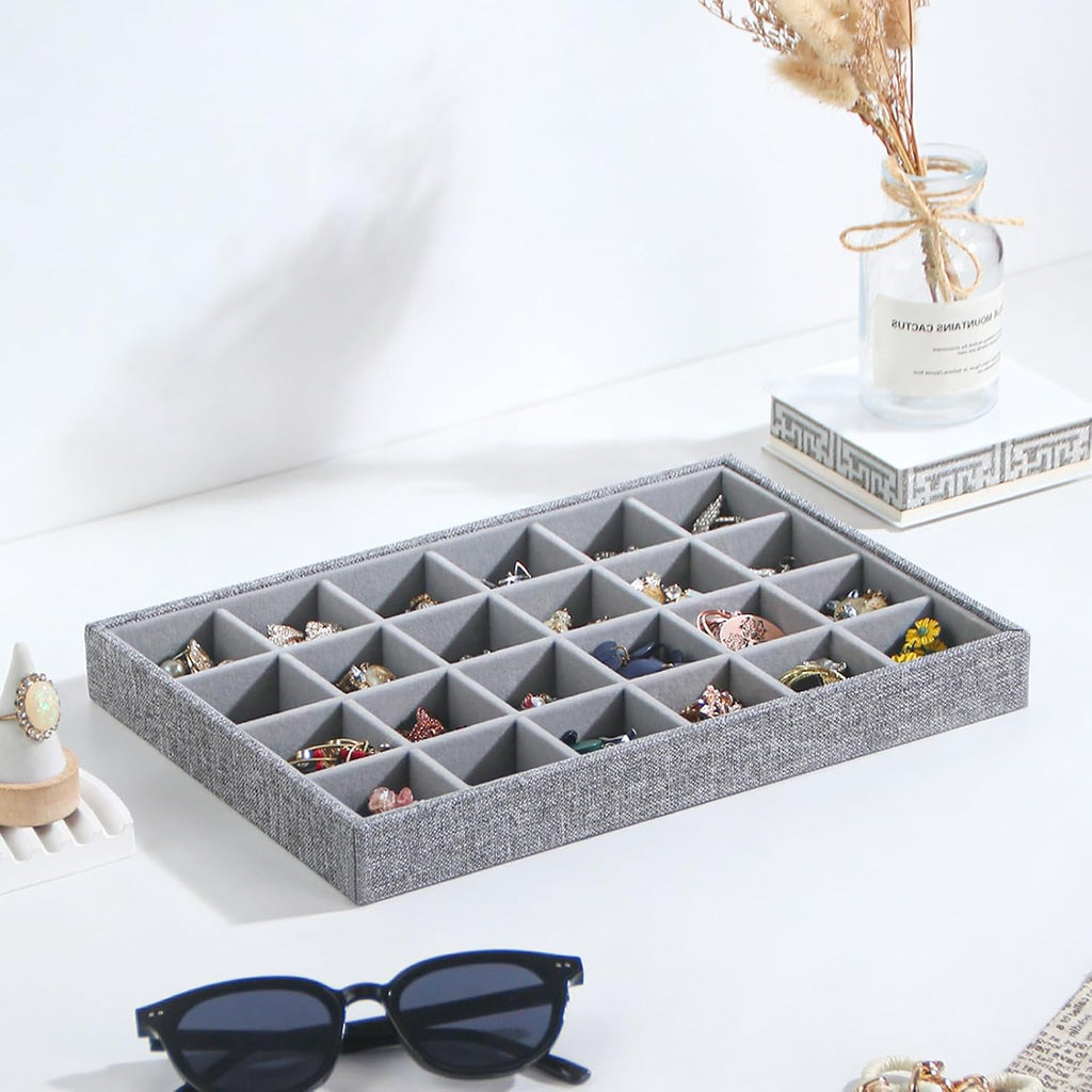 Stackable Jewelry Organizer Tray For Drawers,White Leather Small Earring Storage Tray,Bracelet And Necklace Display Box,Jewelry Ring Display Case (Gray 24 Grids)