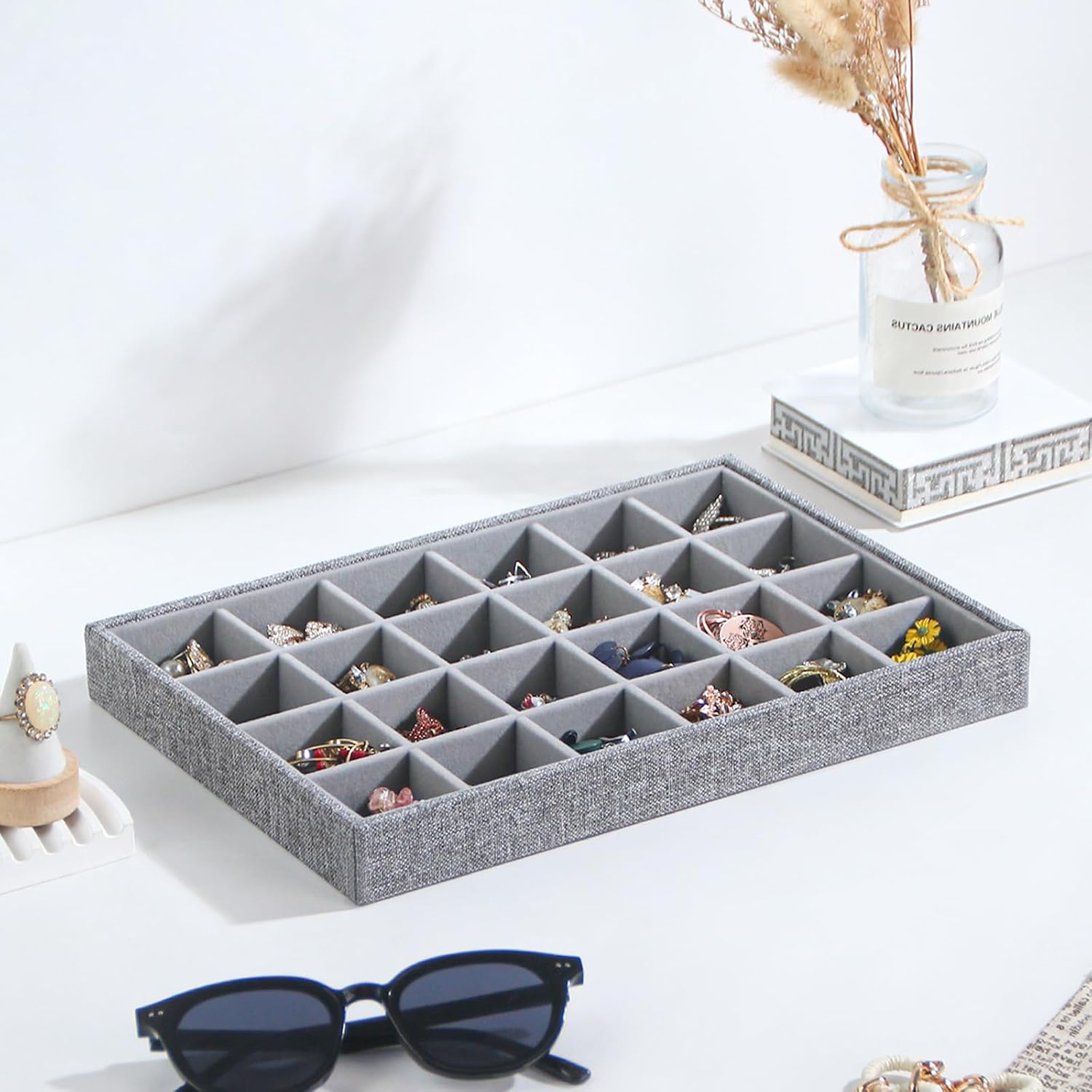 Stackable Jewelry Organizer Tray For Drawers,White Leather Small Earring Storage Tray,Bracelet And Necklace Display Box,Jewelry Ring Display Case (Gray 24 Grids)