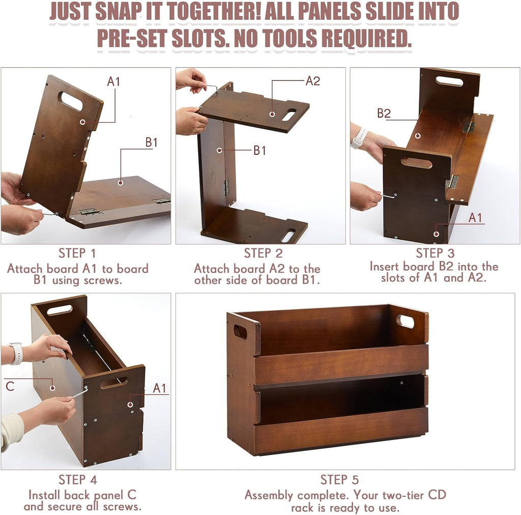 CroBlissful 2-Tier Wooden CD Storage Holder, Classic Brown CD Display Shelf Rack with Carrying Handles, CDs Organizer for DVDs, Movie Cases and Cassette Tapes, Holds up to 72 CDs