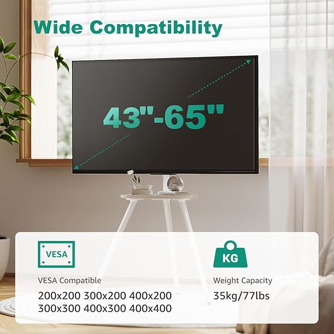 Tripod Easel TV Stand for 43 to 65 Inch LCD Led Screen, Height Adjustable and Swievel TV Stand, Portable TV Floor Stand with Wooden Tray for Bedroom, Living Room, Studio, Metal White.