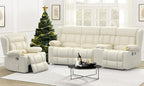 Recliner Sofa Set with Storage Console, Flip Middle Backrest Design PU Leather 3 Seater Reclining Sofa and Single Recliner Chair, Manual Couches for Living Room (Ivory, 3 Seat+Console+1)