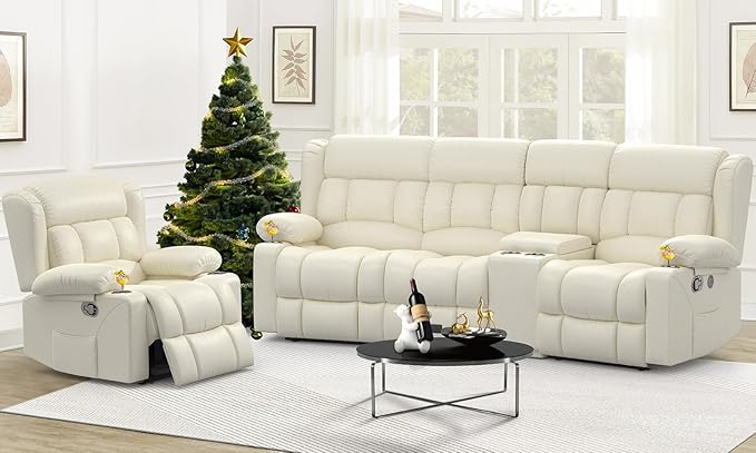 Recliner Sofa Set with Storage Console, Flip Middle Backrest Design PU Leather 3 Seater Reclining Sofa and Single Recliner Chair, Manual Couches for Living Room (Ivory, 3 Seat+Console+1)