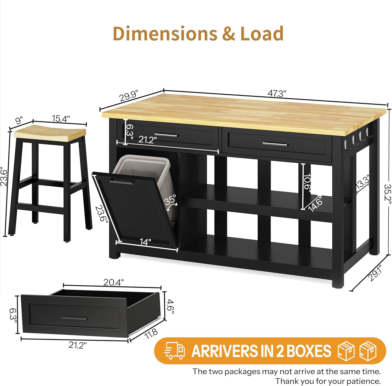 DynJest Kitchen Island with Storage and Seating Include 2 Bar Stools, Black | 47" Solid Rubberwood Island Table with Trash Can Storage, Power Outlets, 2 Drawers & Open Shelves Cabinet, Dining Table for 2