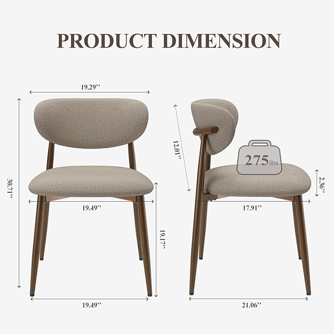 Dining Chairs Set of 2, Upholstered Dining Room Chairs with Metal Legs and Anti Slip Pads, Curved Back Kitchen Chair for Home and Restaurant Use, Camel