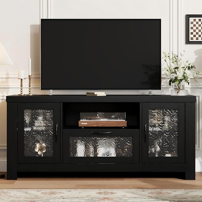 Garvee Farmhouse TV Stand for 55 Inch TV, Entertainment Center with Acrylic Door & Adjustable Shelves, Sideboard Buffet Storage Cabinet for Living Room Bedroom, Black