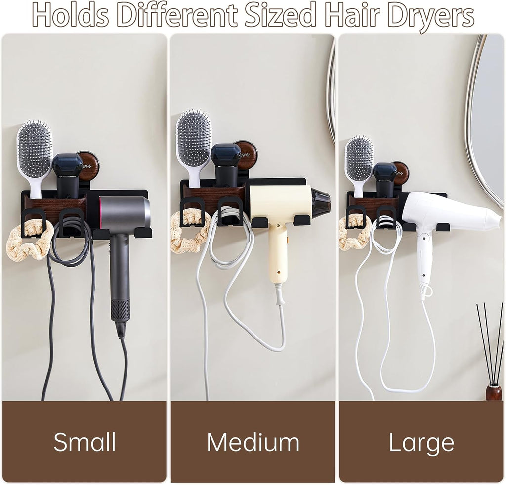 Hair Dryer Holder Wall Mount with Suction Cup, No-Drill Metal Blow Dryer Holder, Hair Accessories Tools Organizer Rack with 2 Toothbrush Hanger & Shelf, Walnut Finish for Bathroom
