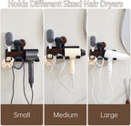 Hair Dryer Holder Wall Mount with Suction Cup, No-Drill Metal Blow Dryer Holder, Hair Accessories Tools Organizer Rack with 2 Toothbrush Hanger & Shelf, Walnut Finish for Bathroom