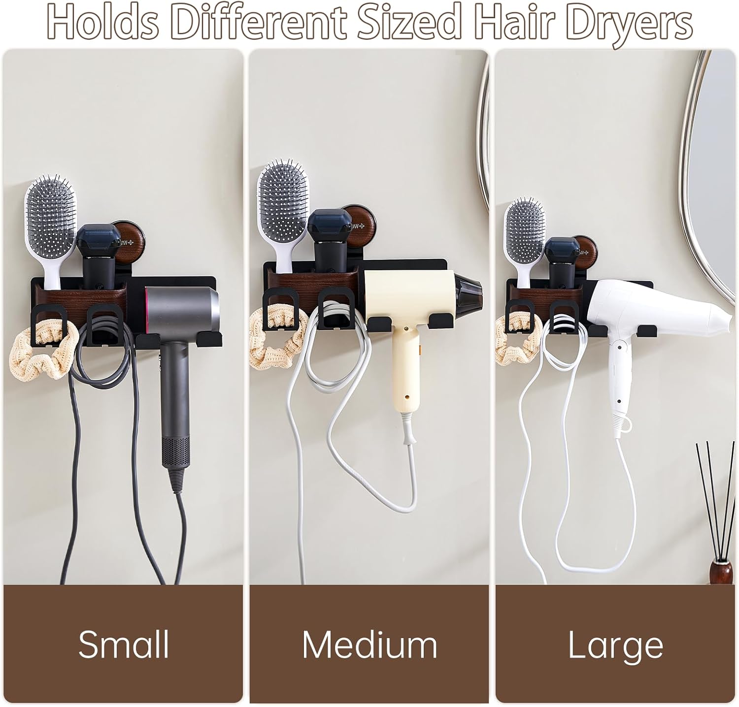 Hair Dryer Holder Wall Mount with Suction Cup, No-Drill Metal Blow Dryer Holder, Hair Accessories Tools Organizer Rack with 1 Toothbrush Hanger & Shelf, Walnut Finish for Bathroom