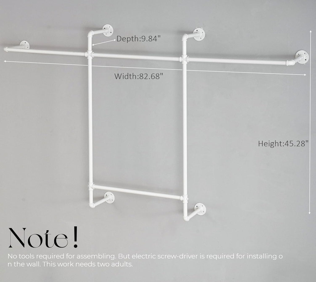 Industrial Clothing Racks Garment Racks, Wall Mounted Pipes Clothes Racks with Four Hanging Rods, Heavy Duty Garment Racks, Industrial Steampunk Closet Organizer Hall Tree (Metal Pipes-White)