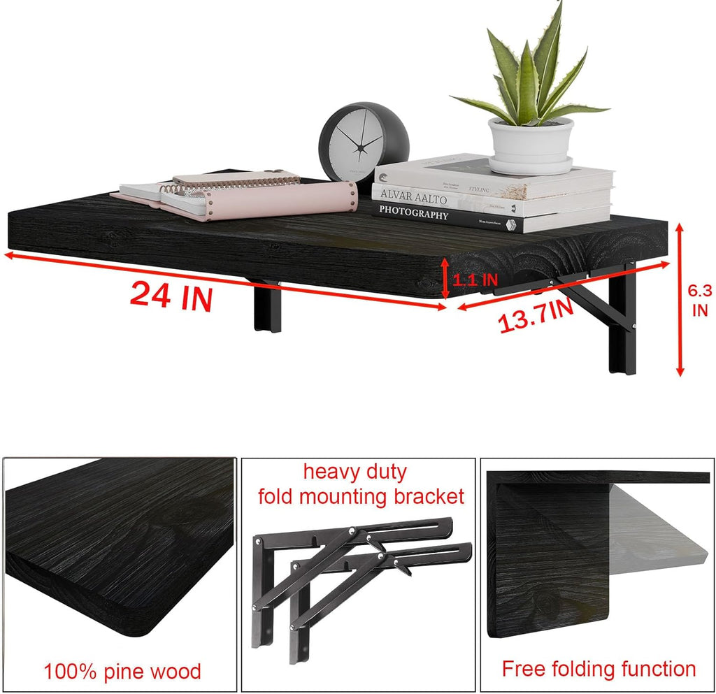 IAE Wall Mounted Folding Table with Pine Wood,24" x 14" Floating Wall Desk,Laundry Folding Table with Shelf Brackets,Fold Down Desk Shelf,Folding Workbench for Home,Dining,Laundry Room,Kitchen,Black
