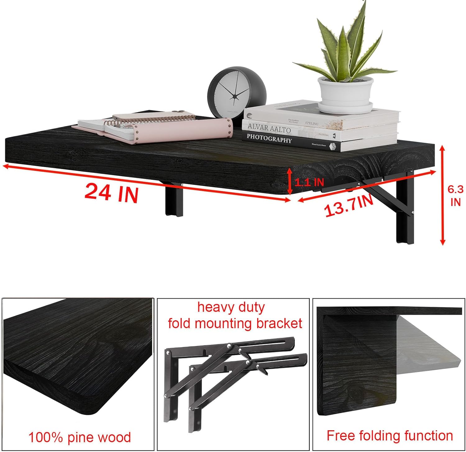 IAE Wall Mounted Folding Table with Pine Wood,24" x 14" Floating Wall Desk,Laundry Folding Table with Shelf Brackets,Fold Down Desk Shelf,Folding Workbench for Home,Dining,Laundry Room,Kitchen,Black