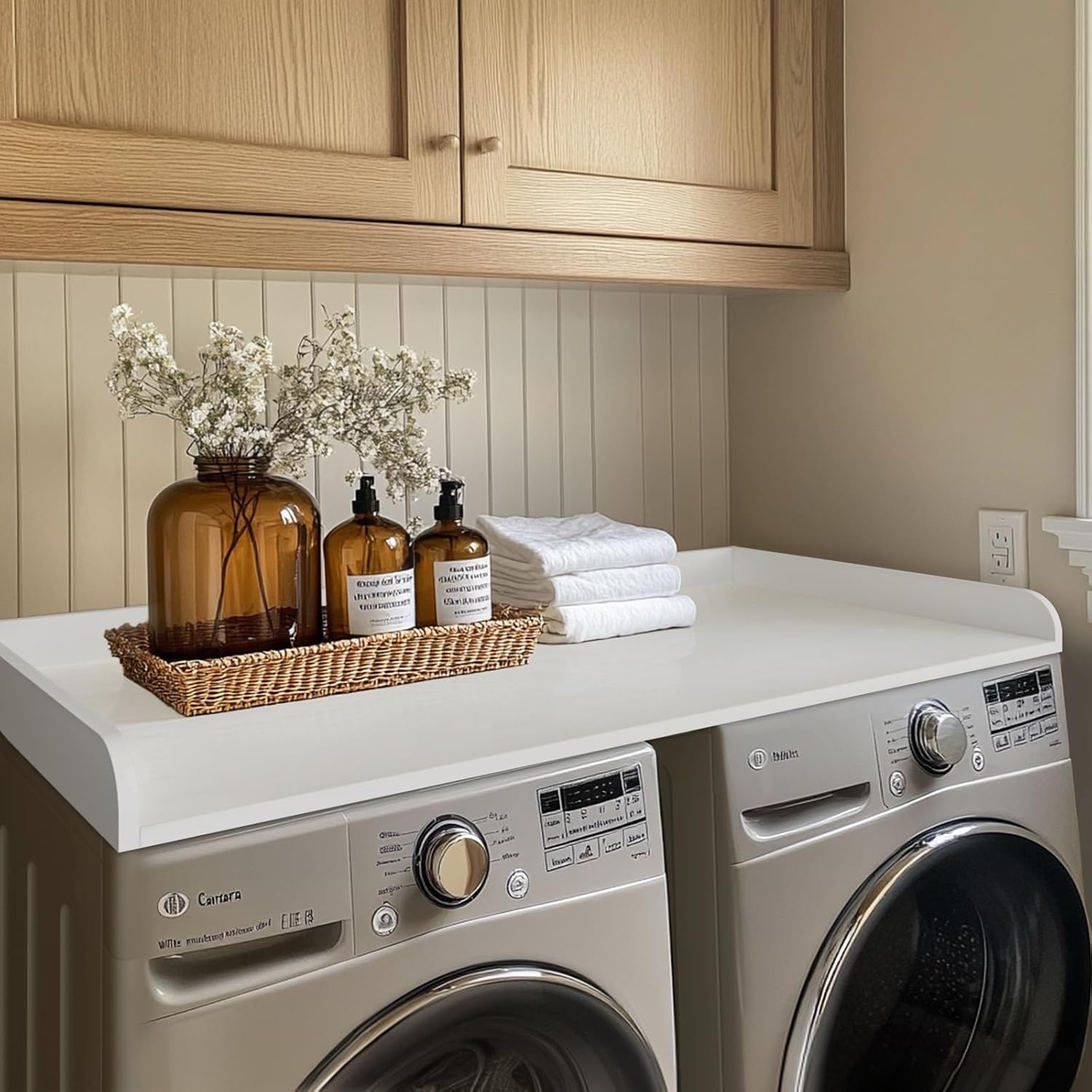 Kaboon Washer Dryer Countertop, Melamine Countertop with Edge Rails - 27.5" Depth x 54" Width Laundry Room Organization, White