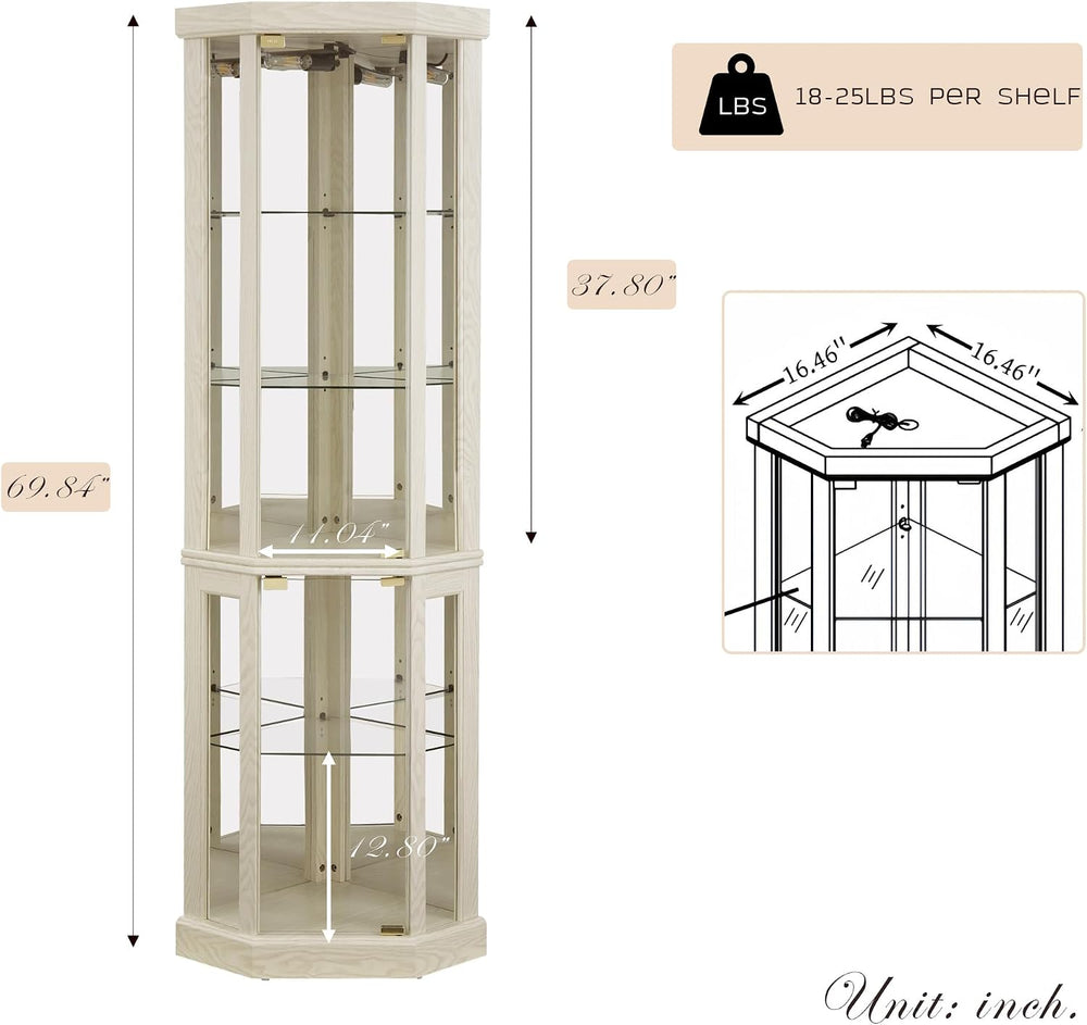 Corner Curio Cabinet, 70" H Lighted Glass Display Cage with Tempered Gla...