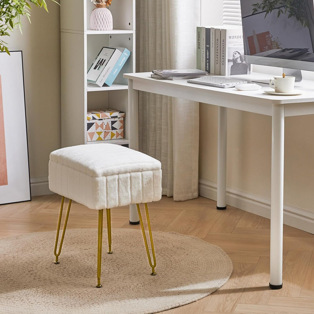 IBUYKE Vanity Chair with Storage, Faux Fur Footrest Ottoman, White LG-50W | S...