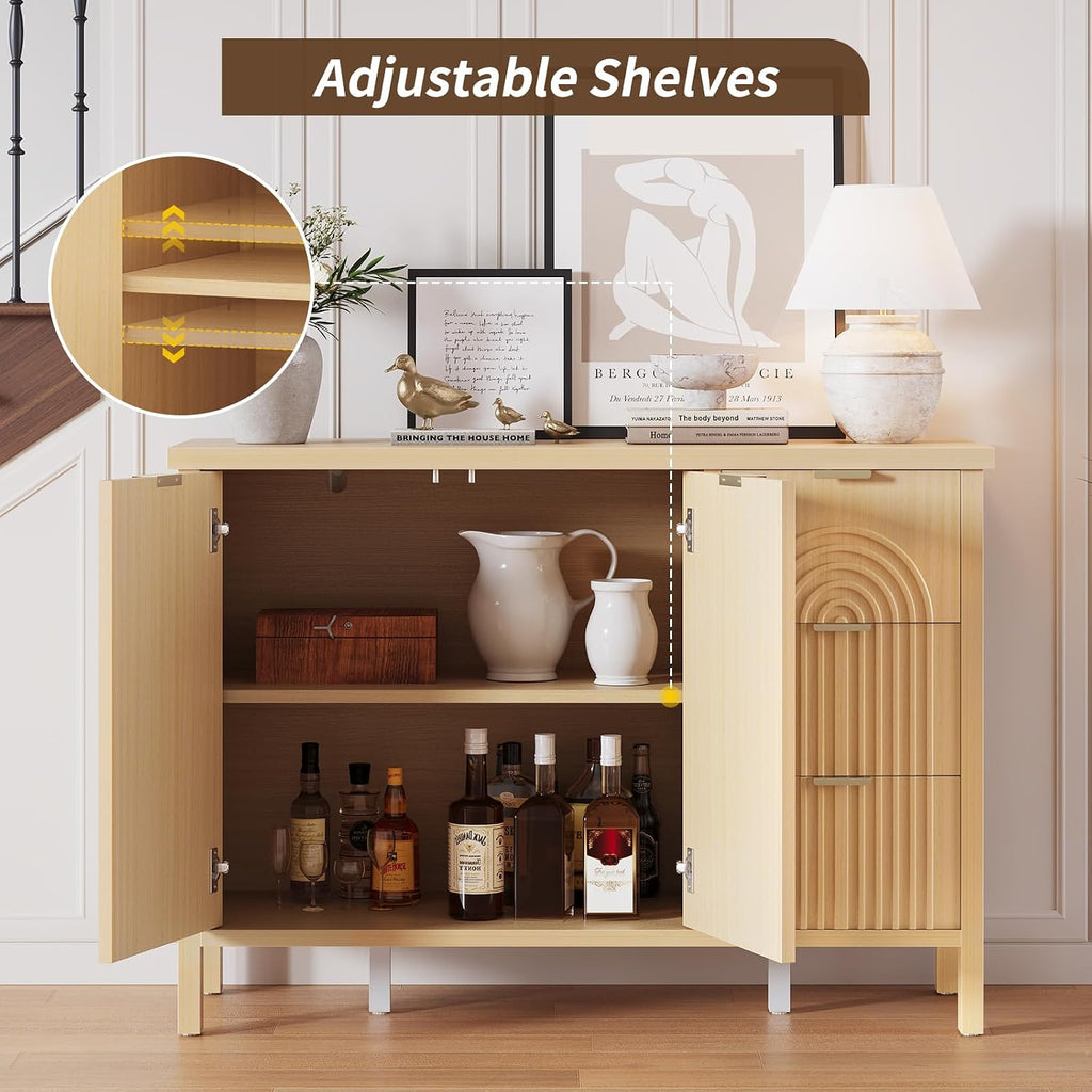 Sideboard Buffet Cabinet with Storage - Fluted Accent Coffee Bar Cabinets Kitchen Credenza with Drawers & Doors, Wood Console Side Board with Adjustable Shelf for Living Room Entryway,Natural