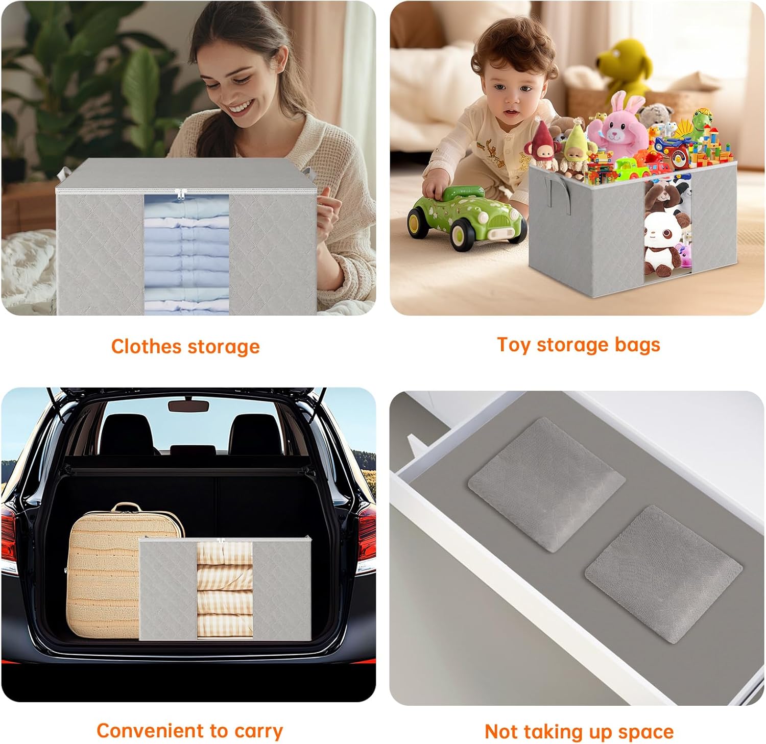 6 Pack Clothes Storage Bags - 90L Blanket Organizers and Storage for Closet Large Storage Bins with Lids and Zipper Storage Containers for King Comforter, Pillow and Sweater (Grey, 6 Pack)