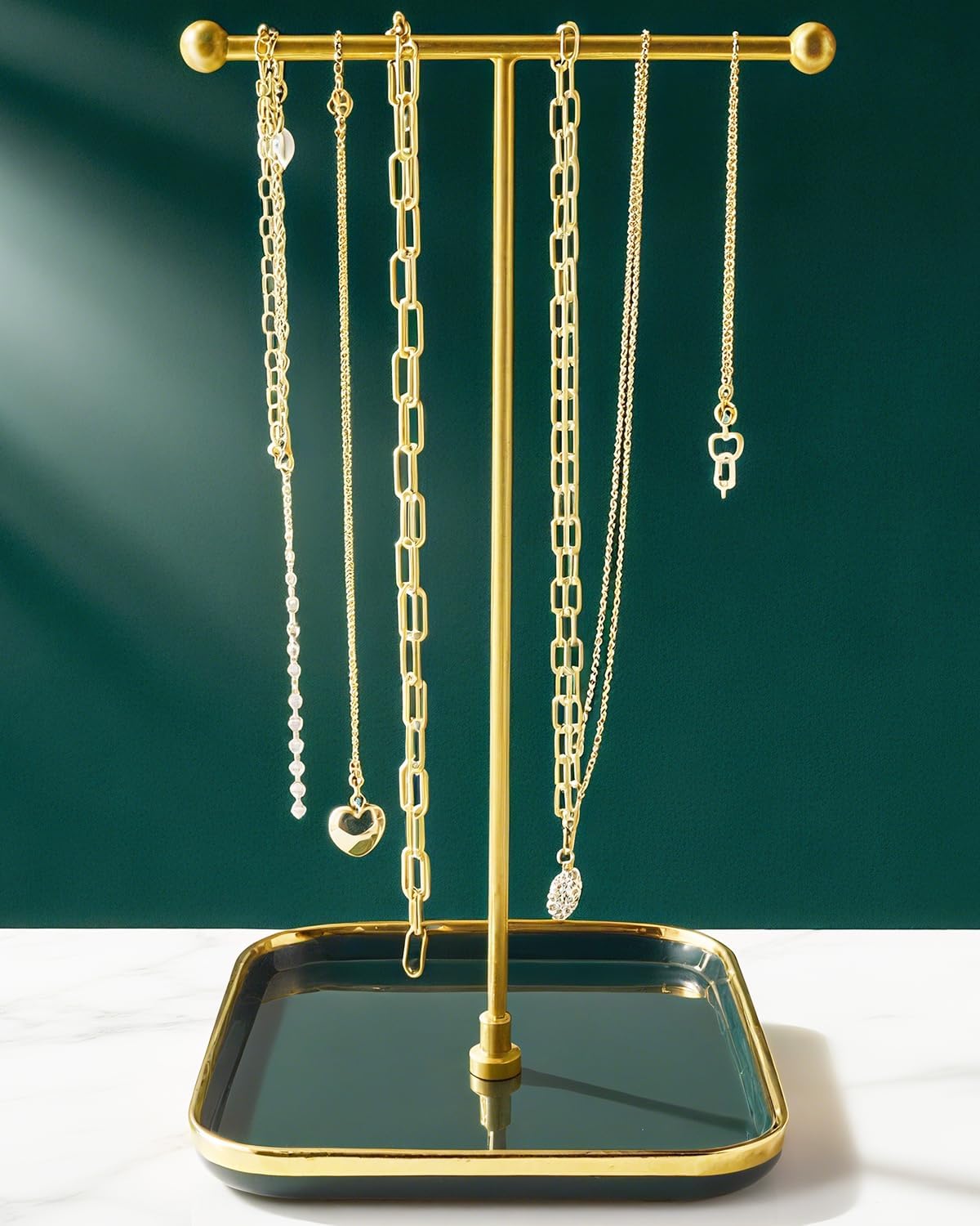 VROOMIUM Necklace Holder- Ceramic Base 1ft Height Jewelry Organizer Stand, Aesthetic Jewelry Hanger Display for Necklaces, Bracelets, Rings, Exhibidor de Collares-Elegant Green