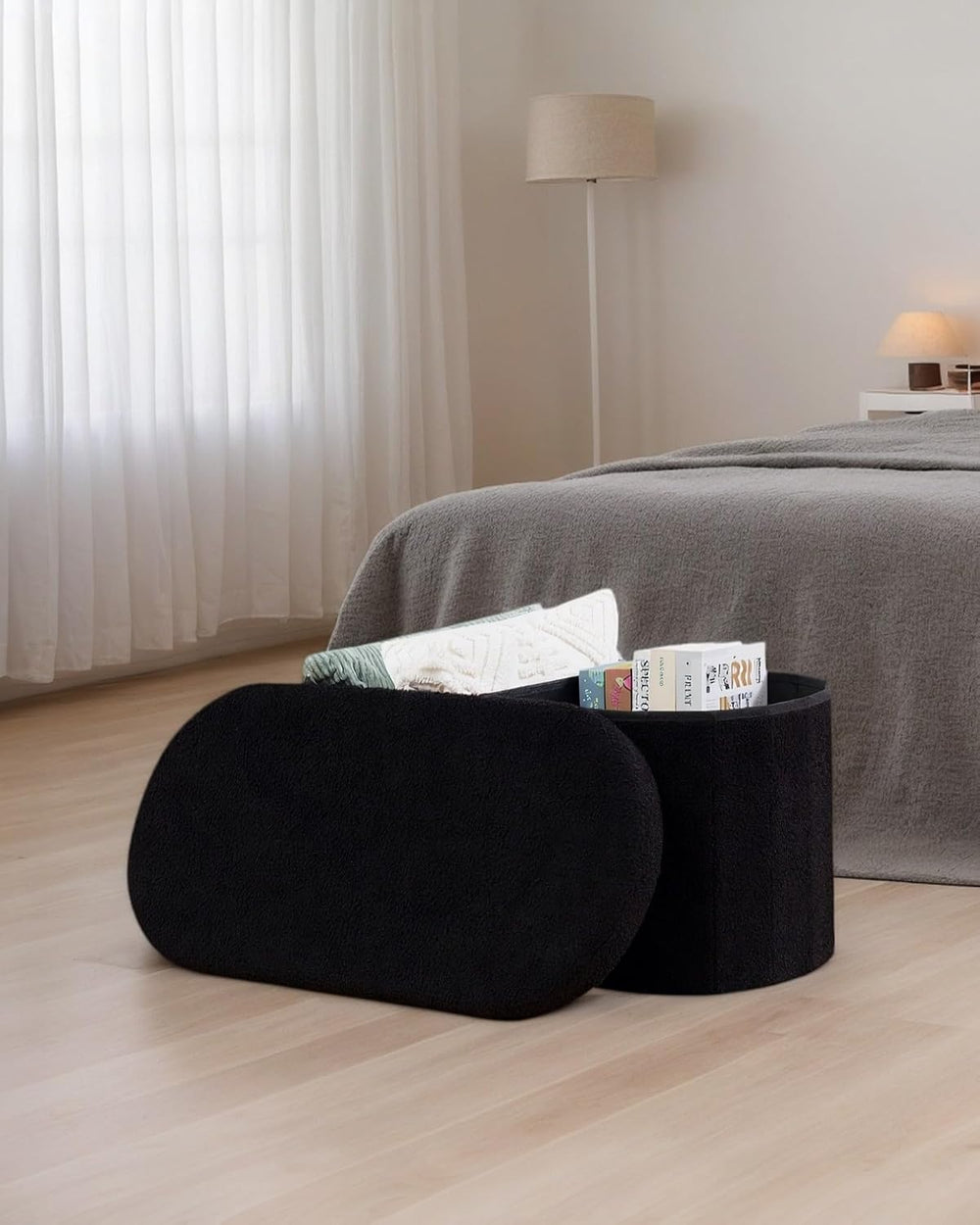 30" Oval Foldable Ottoman with Storage, Teddy Boucle Fabric Footrest, St...