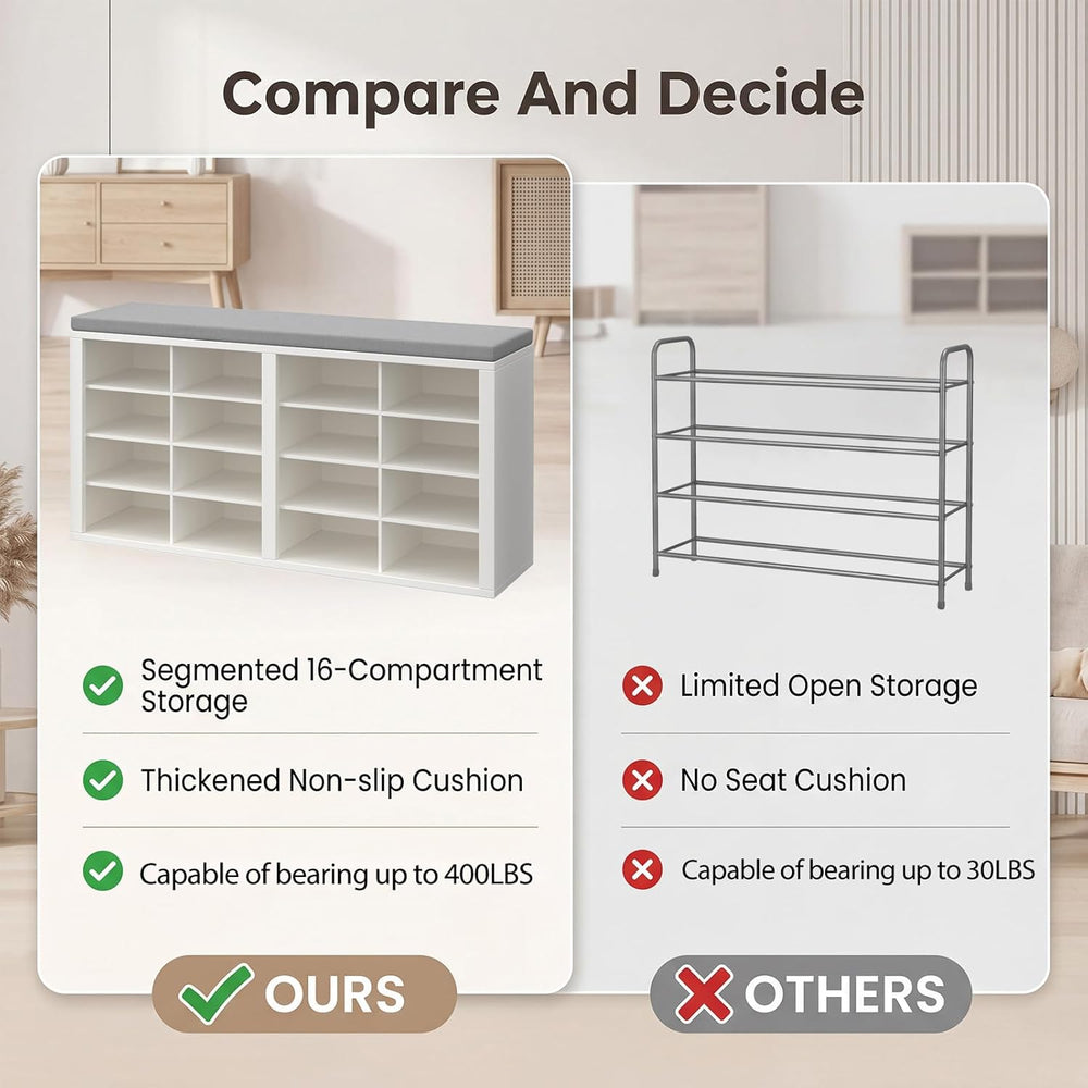 Shoe Rack Bench, Shoe Storage Bench with Cushion, Shoe Organizer 16 Cubbies f...