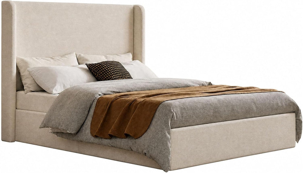 Queen Platform Bed, Tall Wingback Chenille Headboard, Sturdy Wood Slats Silen...
