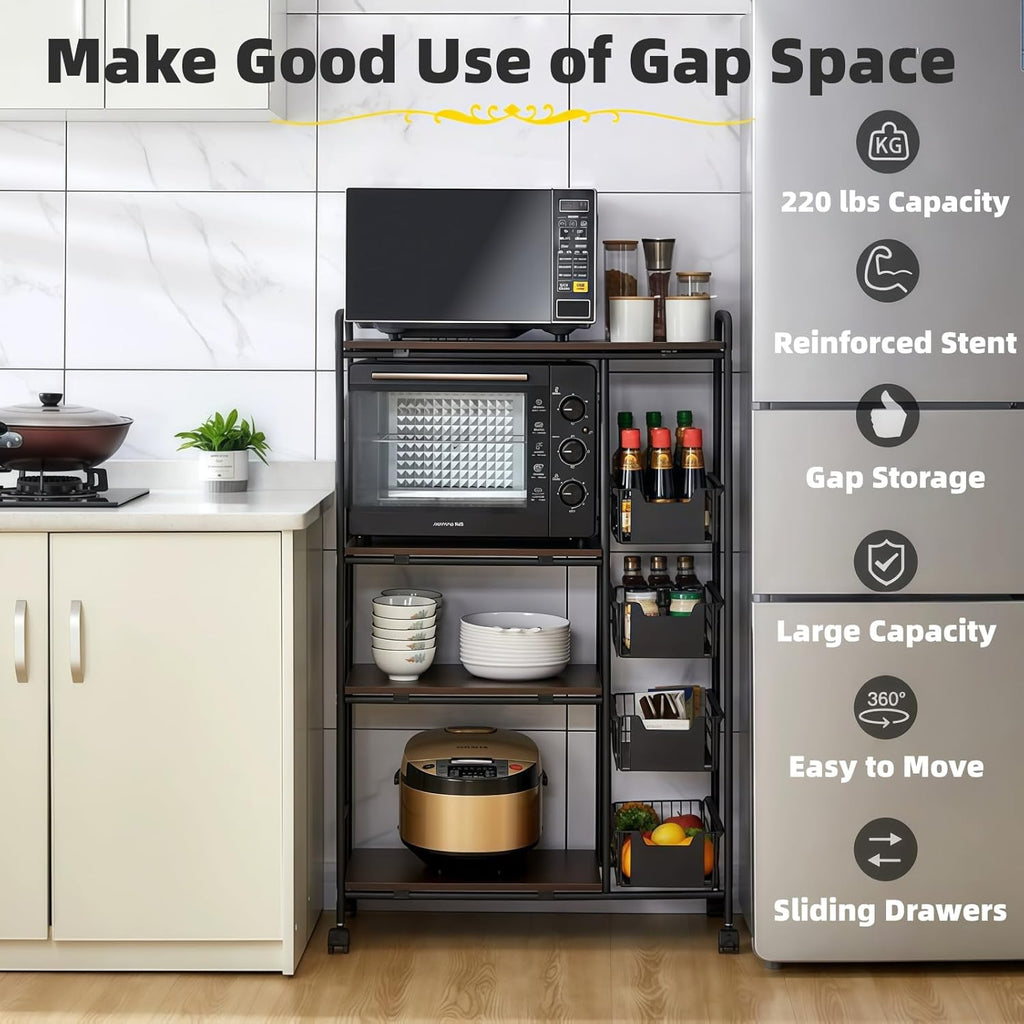 5-Tier Kitchen Carts on Wheels with Storage, Rolling Storage Cart with Handles, Lockable Wheels, 4 Drawers, Utility Carts on Wheels Microwave Stand for Kitchen, Living Room