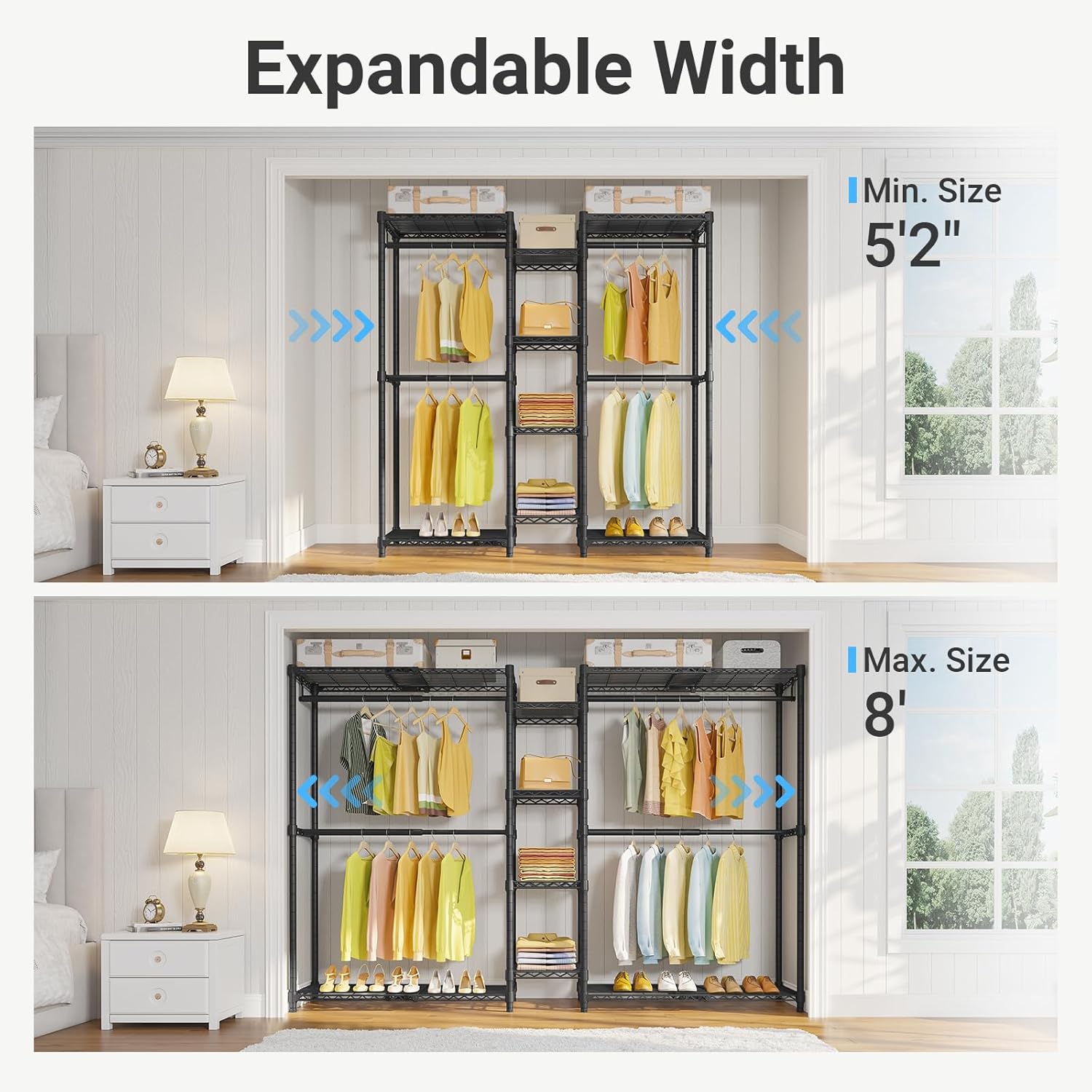 VIPEK X3 Expandable Heavy Duty Clothes Rack Adjustable from 5'2" to 8' with Adjustable Shelves and Hanger Rods, Large Freestanding Clothing Racks Reach-in & Walk-in Closet, Max Load 1210LBS, Black