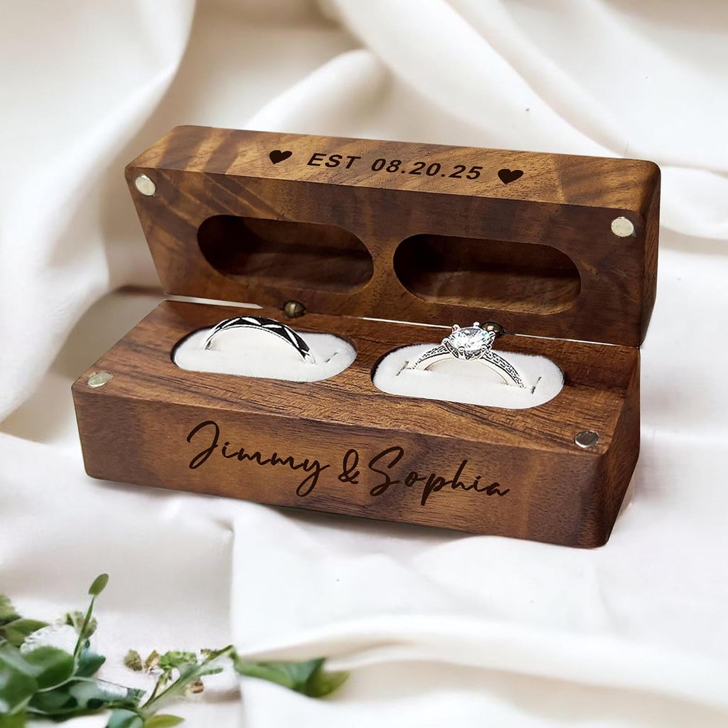 EDSG Personalized Wedding Ring Box 2 Slots, Flip Wooden Ring Holder, Engraved Ring Bearer Box with Names & Date (Design 3)
