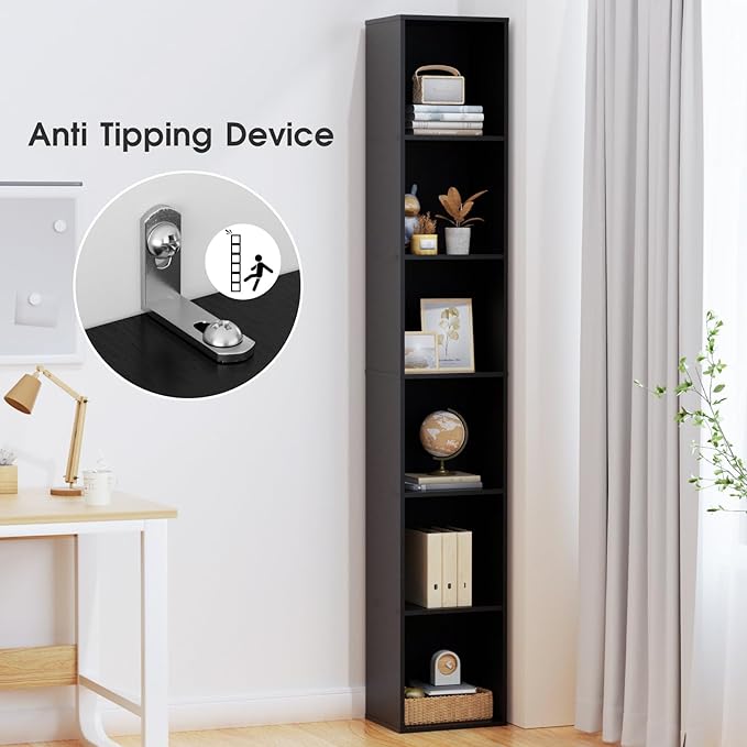 Tall Narrow Bookshelf 6-Tier Bookcase,70.5" Skinny Thin Corner Shelf Sli...