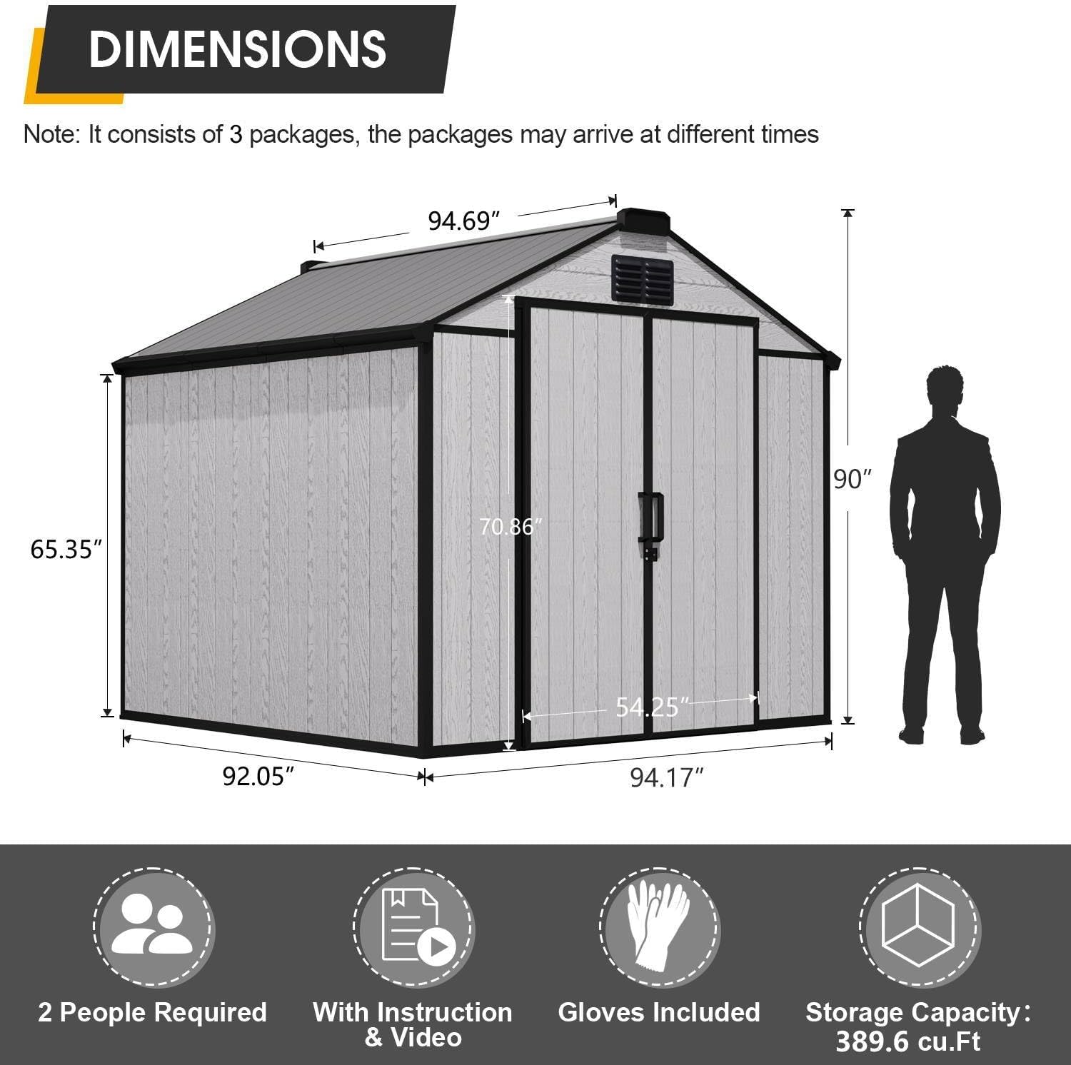 8 x 8 FT Plastic Storage Shed, All-Weather Resin Tool Shed with Windows, Lockable Doors & Floor, Outdoor Garden Shed for Poolside, Backyard, Patio