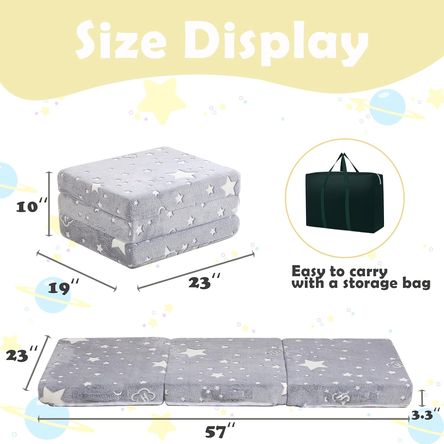 Kids Floor Mattress, Foldable Foam Mattress,57 x 23 in,Glow Star | Foldable floor mattress for kids,child trifold foam mattress,folding mat,glow-in-the-dark star,with storage bag