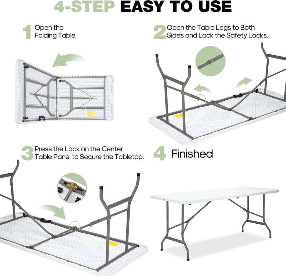 Folding Table 6ft, Heavy-Duty 500lbs Weight Capacity Foldable Table with HDPE...