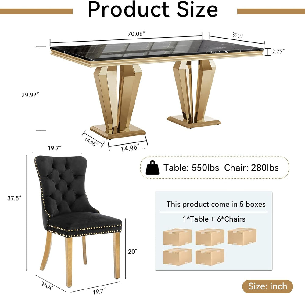 68" Faux Marble Dining Table Set for 6, Black Gold Dining Room Table wit...