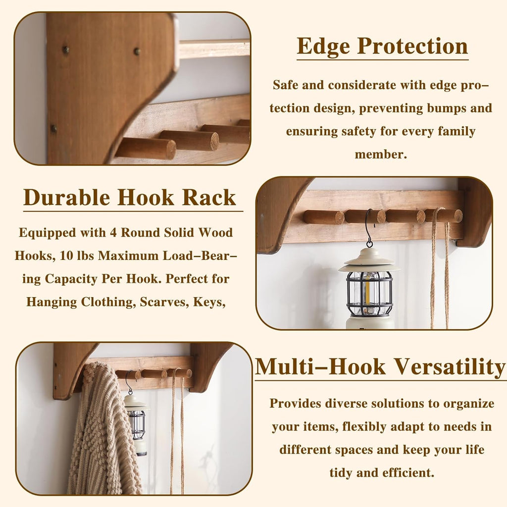 100% Solid Wood Wall Hooks with Shelf, Rustic Coat Rack with Shelf Wall-Mounted, Farmhouse Decor Shelves with 4 Hooks for Clothes Hats Towel Purse Robes, Bathroom Mudroom Bedroom, Entryway
