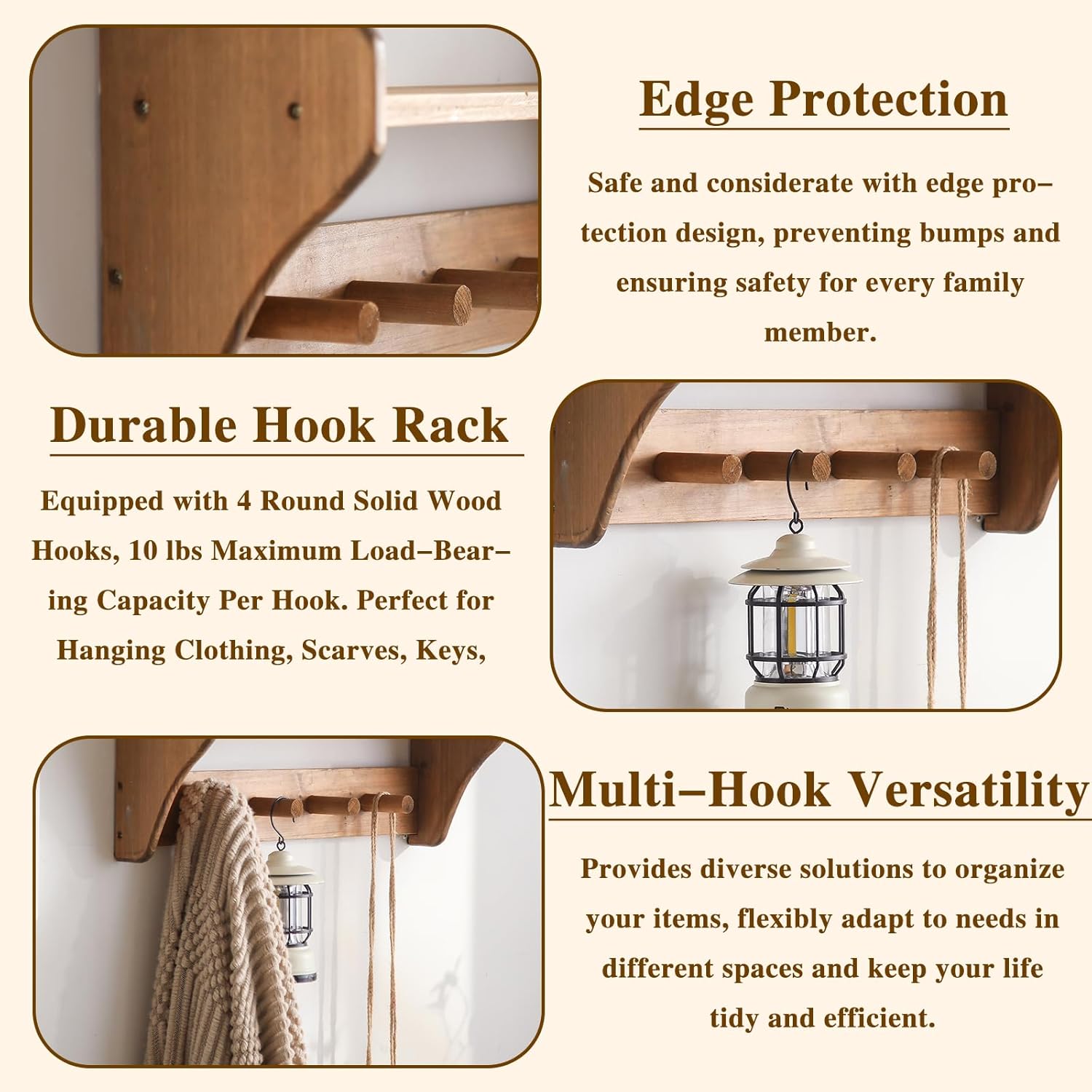 100% Solid Wood Wall Hooks with Shelf, Rustic Coat Rack with Shelf Wall-Mounted, Farmhouse Decor Shelves with 4 Hooks for Clothes Hats Towel Purse Robes, Bathroom Mudroom Bedroom, Entryway