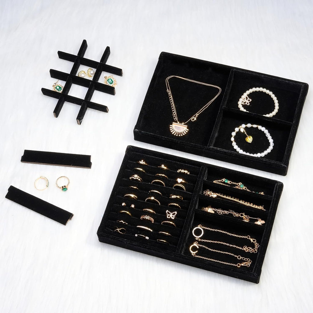 ProCase Stackable Jewelry Organizer Trays for Drawers, Jewelry Drawer Inserts Container Display Case Storage for Earring Necklace Rings Bracelet with Removable Dividers -Allblack, 2 Layers