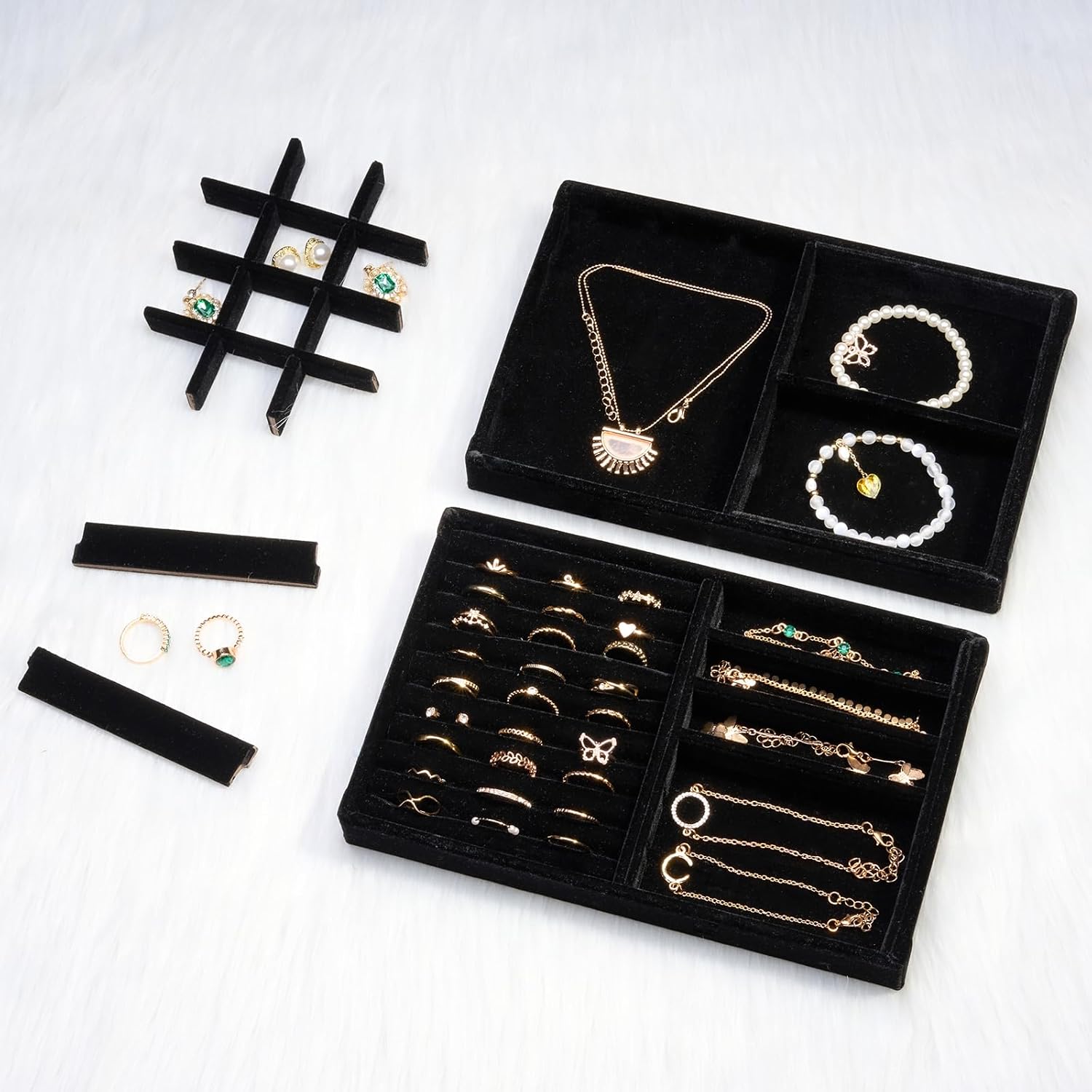 ProCase Stackable Jewelry Organizer Trays for Drawers, Jewelry Drawer Inserts Container Display Case Storage for Earring Necklace Rings Bracelet with Removable Dividers -Allblack, 2 Layers