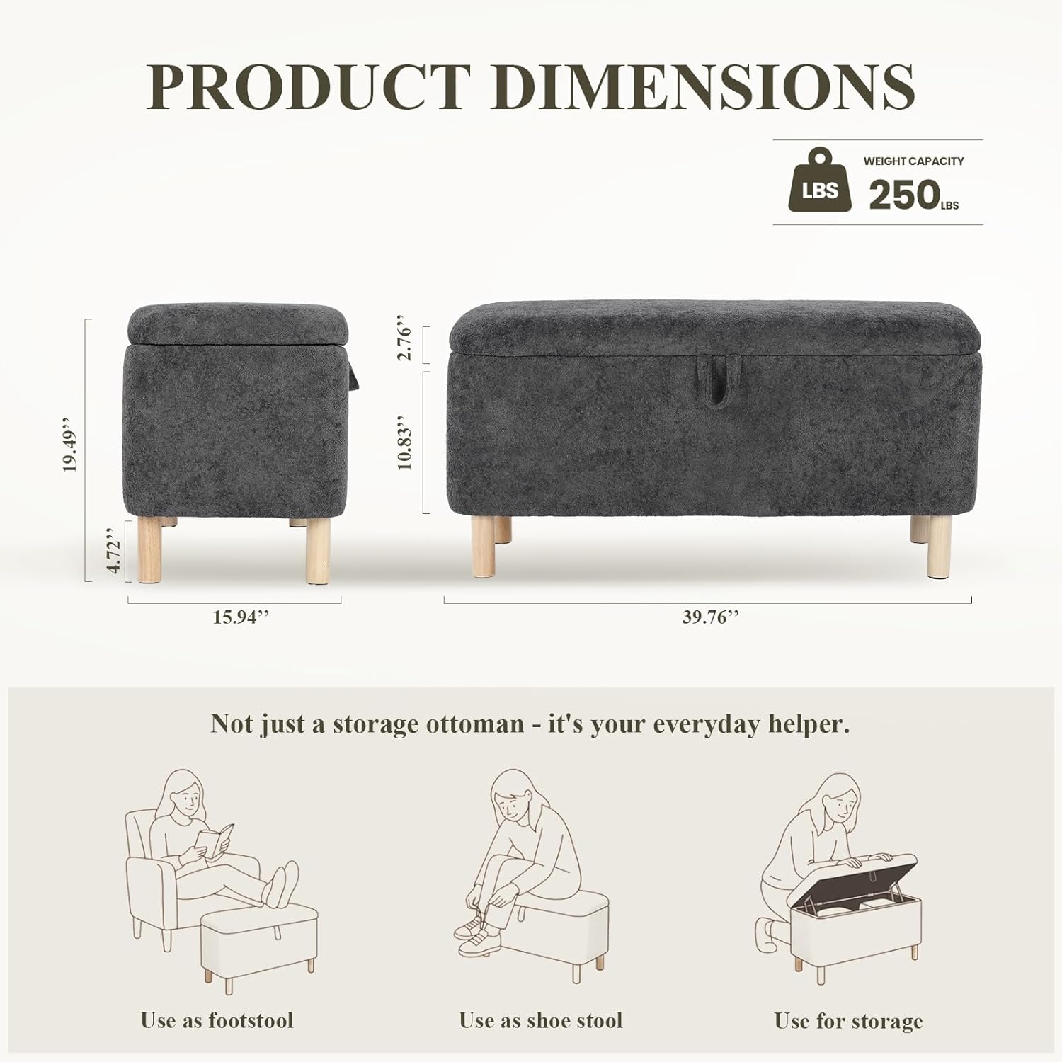 Ottoman with Storage, Storage Ottoman Bench, Entryway Bench with Wood Legs for Living Room, Bedroom, Sitting Area, Dark Grey