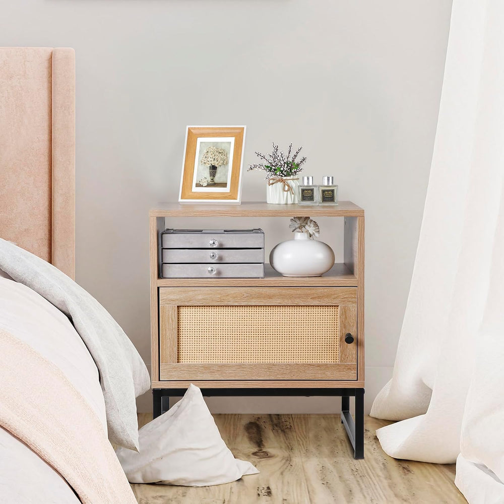 Nightstands End Table, PE Rattan Decor Drawer Opening Shelf, Set of 2 Bed Sid...