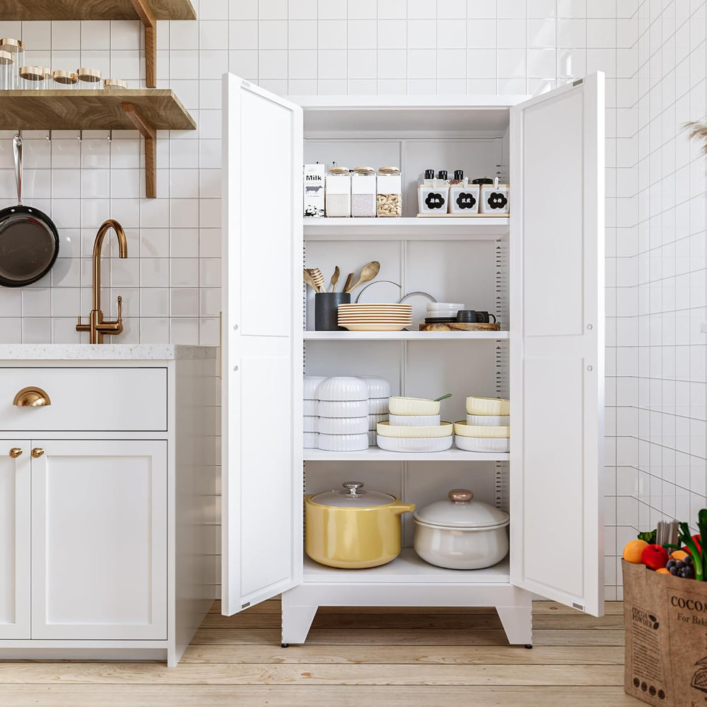 COFaR White Farmhouse Storage Kitchen Pantry Cabinet with 2 Barn Door, 3 Adju...