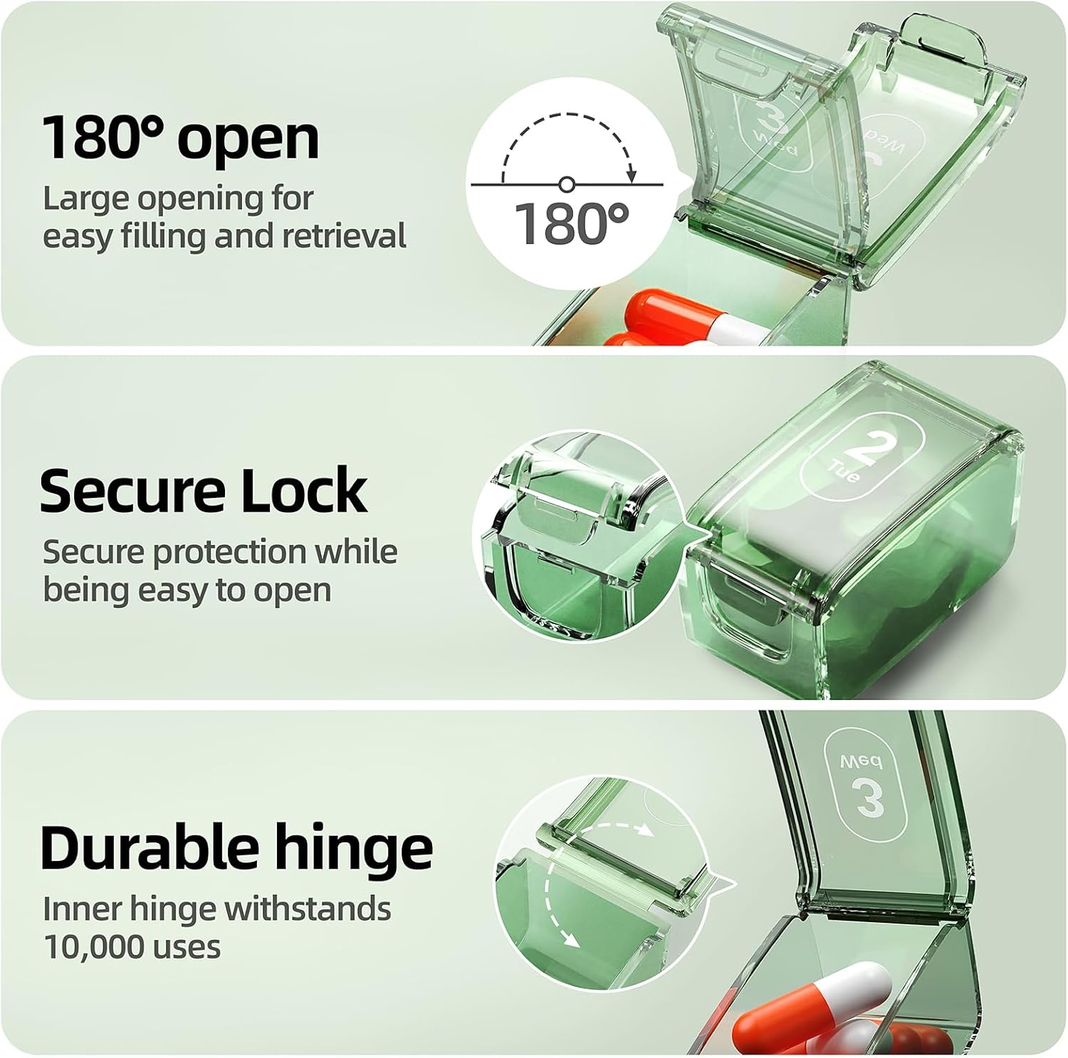 Weekly Pill Organizer,Portable 7 Day Pill Box,Moisture Proof Medicine Pill Organizer,Travel Pill Case with BPA-Free Material,Pocket-Size for Supplements & Vitamins (Green)