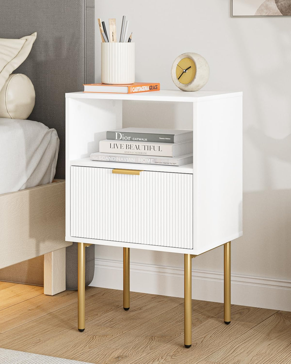 Masupu Night Stand, Mid-Century Bedside Table with Storage Drawer and Open Wo...