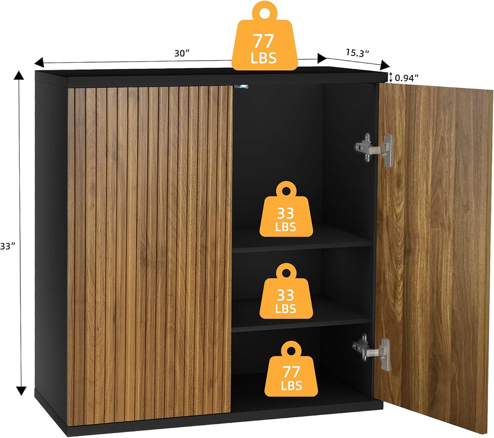 Buffet Cabinet with Storage Walnut Fluted Wooden Accent Sideboard with Pop-Up...
