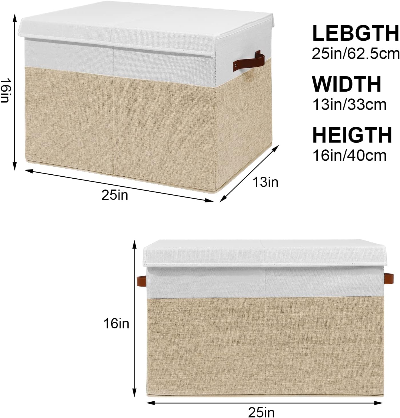 Large Toy Storage Box with Lid, Sturdy Toys Storage Chest Bin Organizer Basket with Dividers for Kids, Boys, Girls, Nursery, Closet, Bedroom, Playroom 25"x13" x16" (Beige and White)
