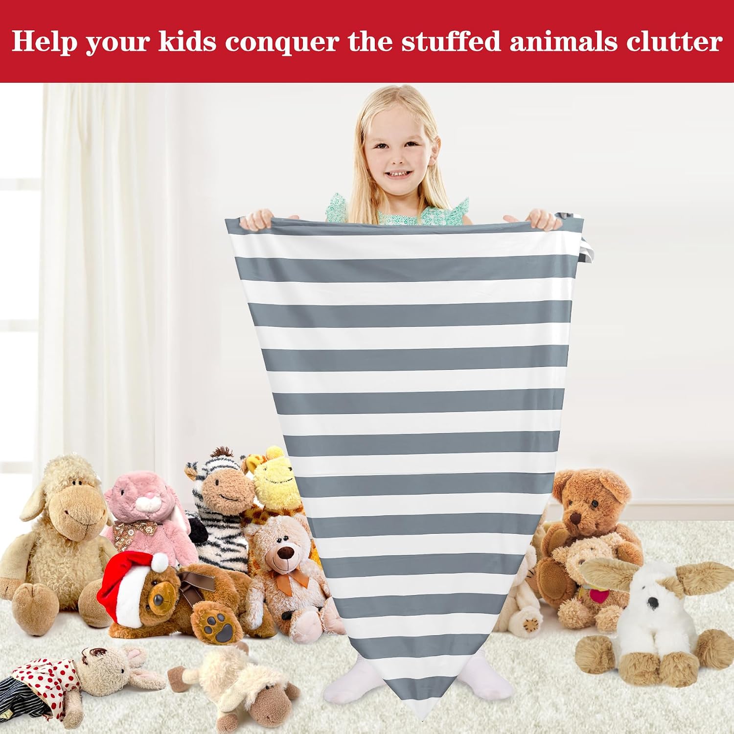 Jorbest Bean Bag Stuffed Animals Storage, Stuffed Animals Bean Bag Storage for Adults and Kids, Luxury Velvet Covers Only without Filling (Stripe White Gray, 200L/52 Gal)