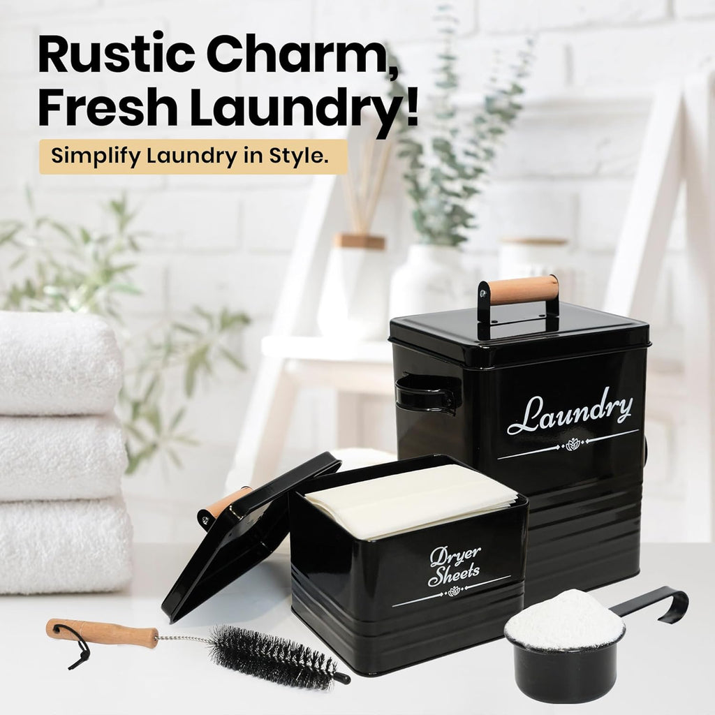 Farmhouse Metal Detergent Pod Container with Dryer Sheet Holder for Laundry Room Organization and Storage - Holds Over 200 Pods and 300 Sheets